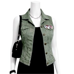 Dolled Up Army Fatigue Green Rhinestone Pocketed Vest